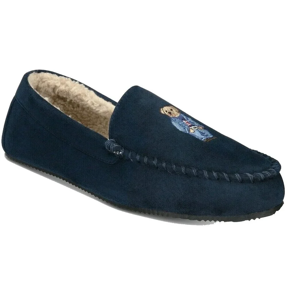 NEW Polo Ralph Lauren Dezi V Bear Slippers! 12 13 Navy Faux Shearling Moccasins
